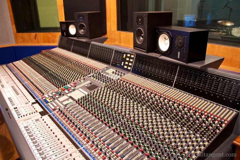 A large audio mixing console