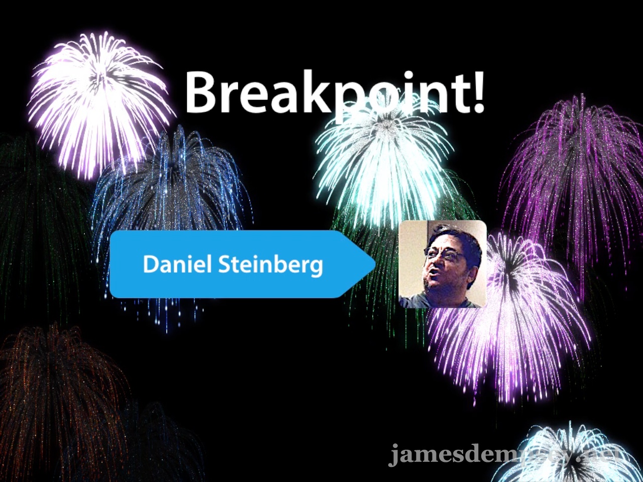 Image of fireworks behind Daniel Steinberg's name and photo to celebrate his induction into the Breakpoints