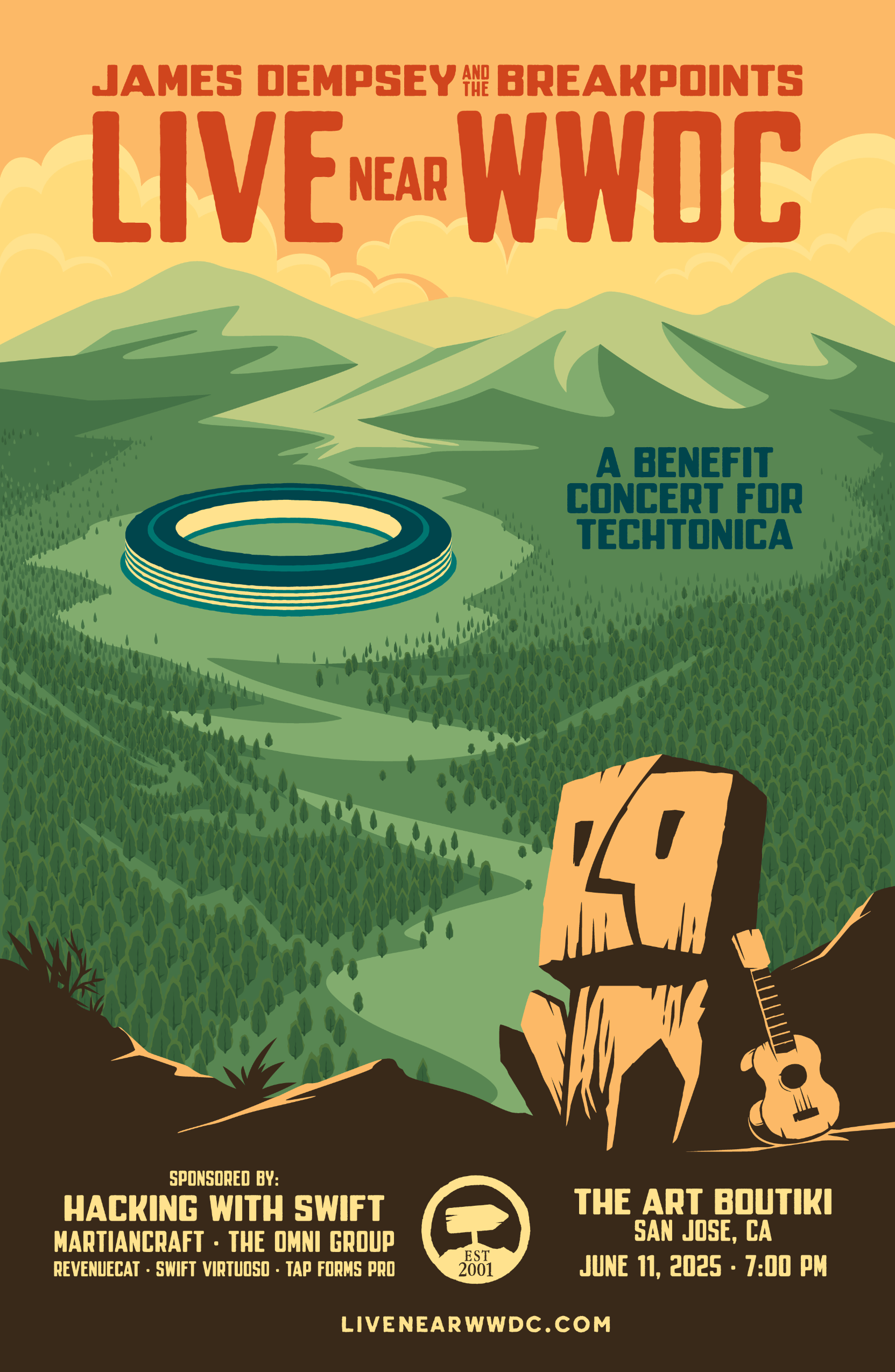 Show poster for 'James Dempsey and the Breakpoints, LIVE near WWDC 2023, a benefit concert for Techtonica'. A view of Santa Clara valley, mountains in the background with Apple Park off in the distance. In the foreground a Tiki outpost with a ukulele.