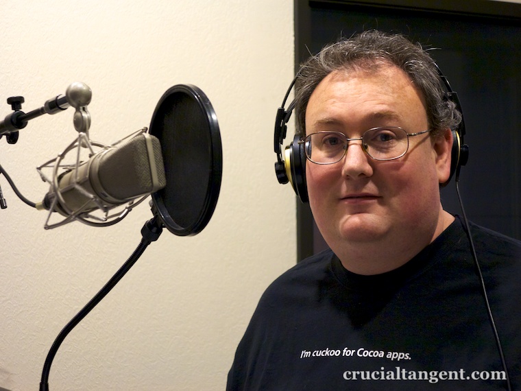 James Dempsey at the microphone in the studio wearing "I'm cuckoo for Cocoa Apps" t-shirt