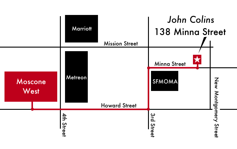 Map showing directions from Moscone West to the James Dempsey and the Breakpoints live show at the John Colins Lounge at 138 Minna Street