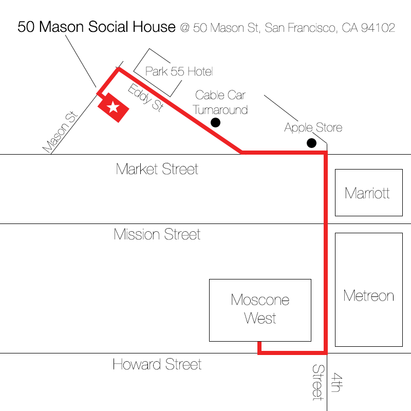 Map with directions to 50 Mason Social House