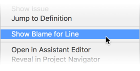 Screen capture of 'Show Blame for Line' contextual menu item